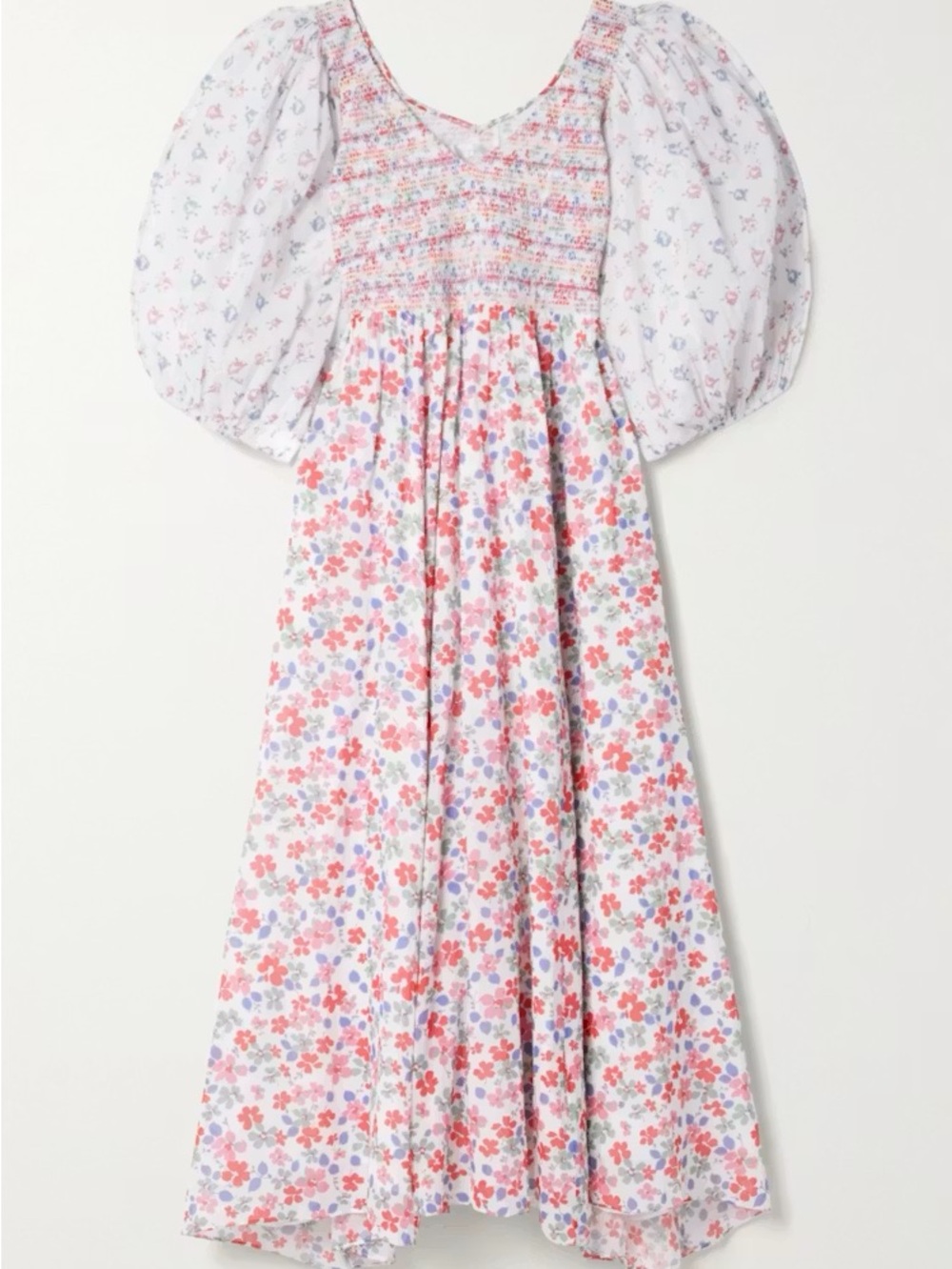 LoveShackFancy White Midi Dress with Pink and Blue Floral Print